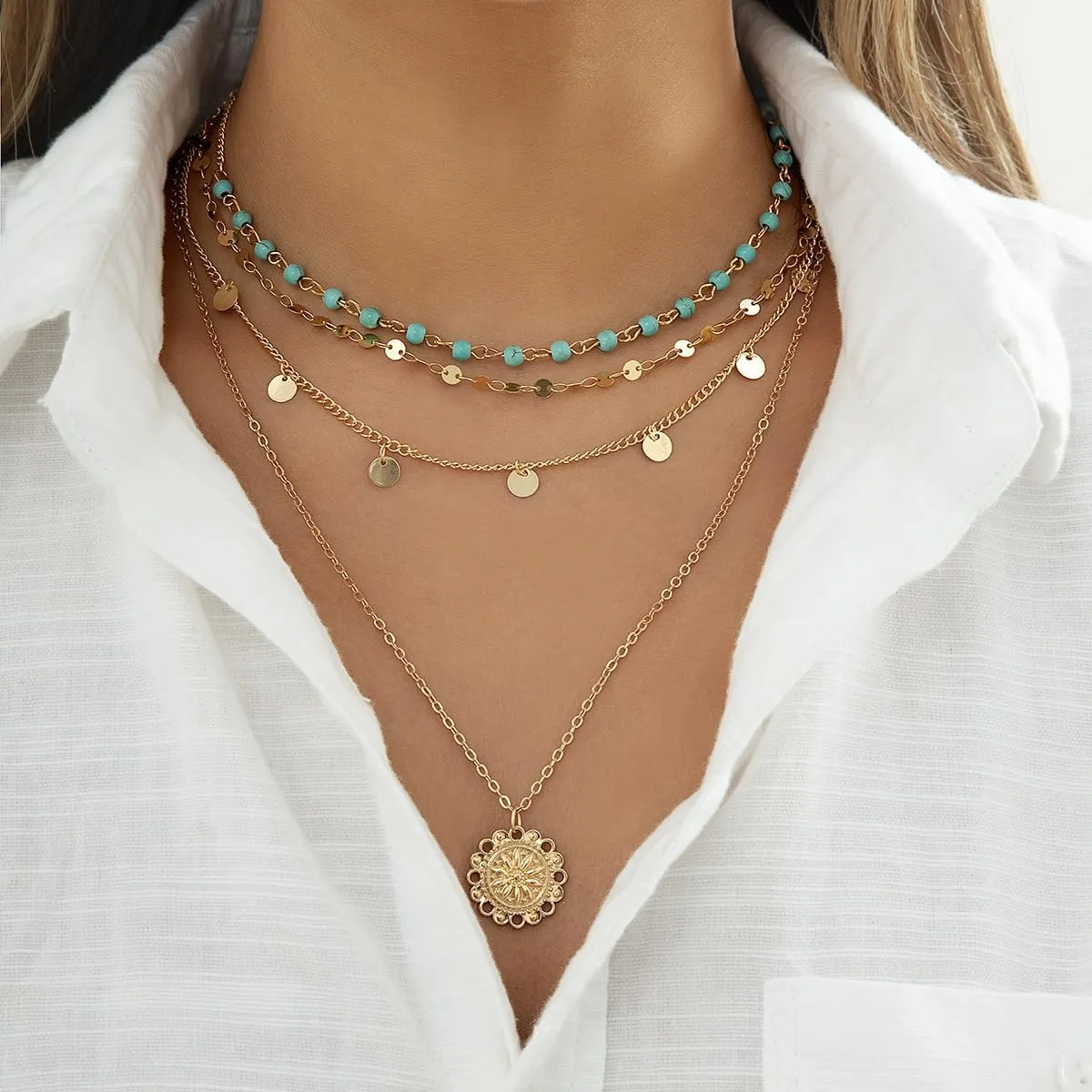 HUASAI Boho Necklaces Western Jewelry for Women Turquoise Layered Necklace Bohemian Western Outfit Country Concert Accessories