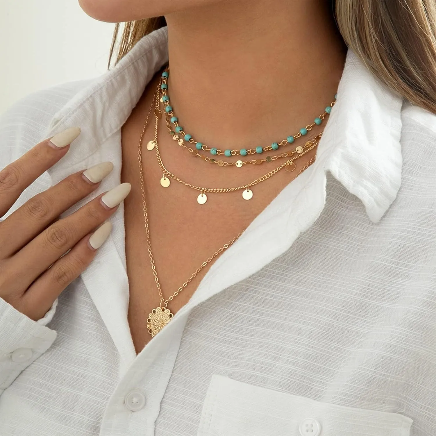 HUASAI Boho Necklaces Western Jewelry for Women Turquoise Layered Necklace Bohemian Western Outfit Country Concert Accessories
