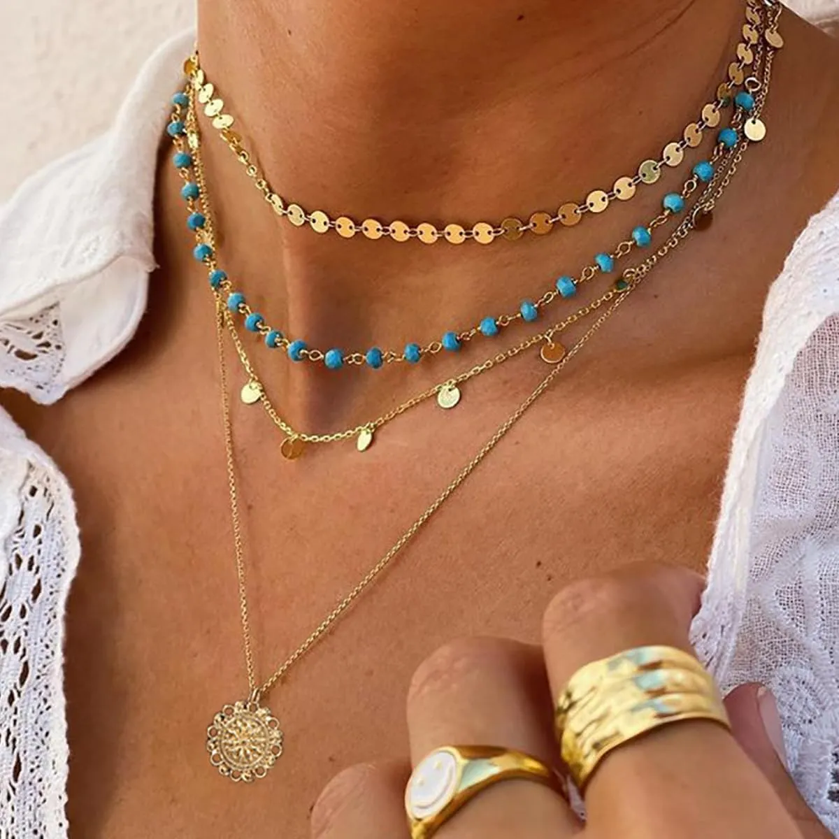 HUASAI Boho Necklaces Western Jewelry for Women Turquoise Layered Necklace Bohemian Western Outfit Country Concert Accessories