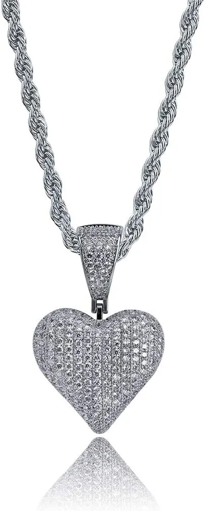 JINAO Heart Chain 14K Gold Plared Iced Out Cubic Zirconia Heart Pendant Necklace Chain for Men Women
