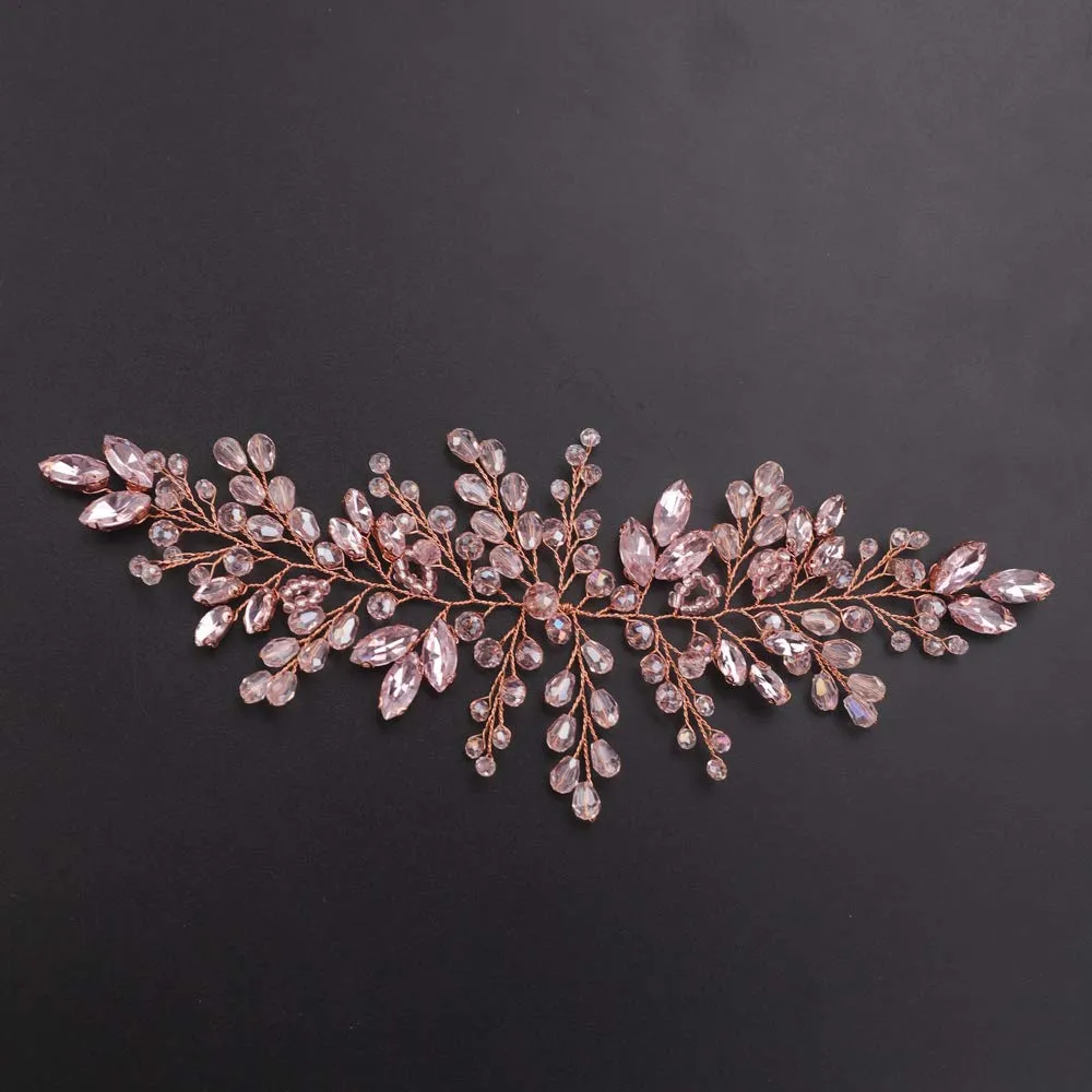 Kercisbeauty Bride Hair Accessories Pink Crystal Hair Vine Gold Headband Evening Party Prom Women Hair Piece Vintage Wedding (Pink)