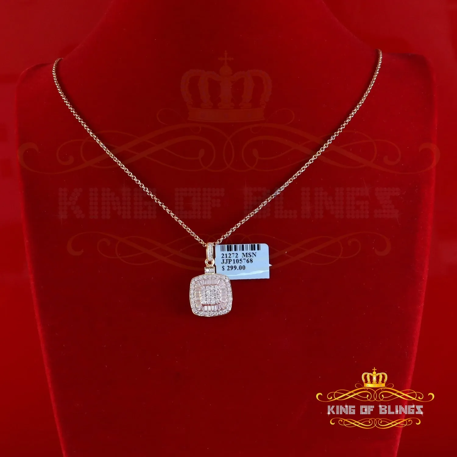 King Of Bling's 925 Yellow Silver 1.50ct VVS D Clr Moissanite Baguette & Round Pendant for Women