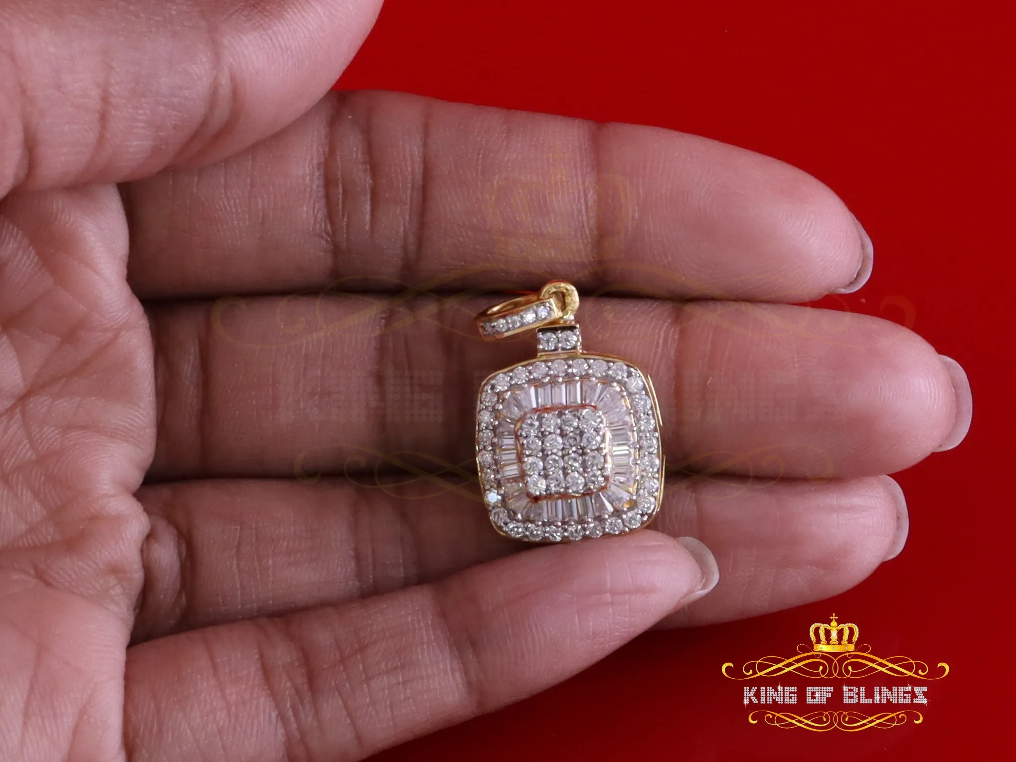 King Of Bling's 925 Yellow Silver 1.50ct VVS D Clr Moissanite Baguette & Round Pendant for Women