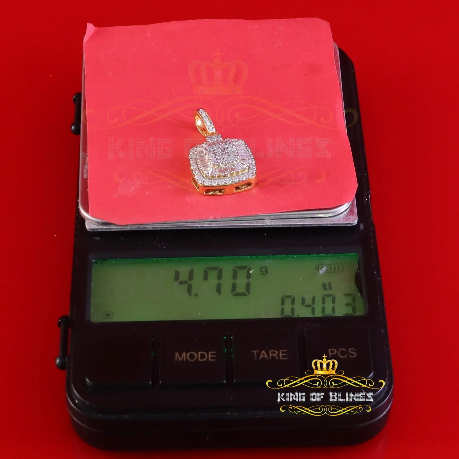 King Of Bling's 925 Yellow Silver 1.50ct VVS D Clr Moissanite Baguette & Round Pendant for Women