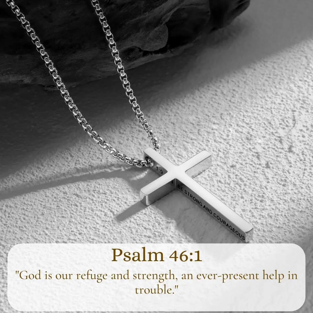 Ldurian Cross Chain for Men, Mens Cross Necklaces Inspirational Bible Verse Pendant Guys Necklaces, Stainless Steel Religious Christian Religious Gifts