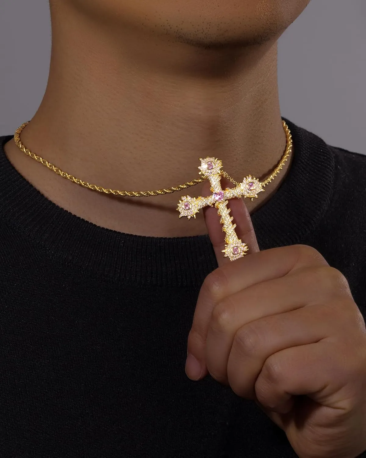 Lulu Mel Iced Out White Gold Plated Cubic Zirconia Stone Cross Necklace With Rope Chain, Trendy Hip Hop Cross Chain Jesus Necklace For Men Women