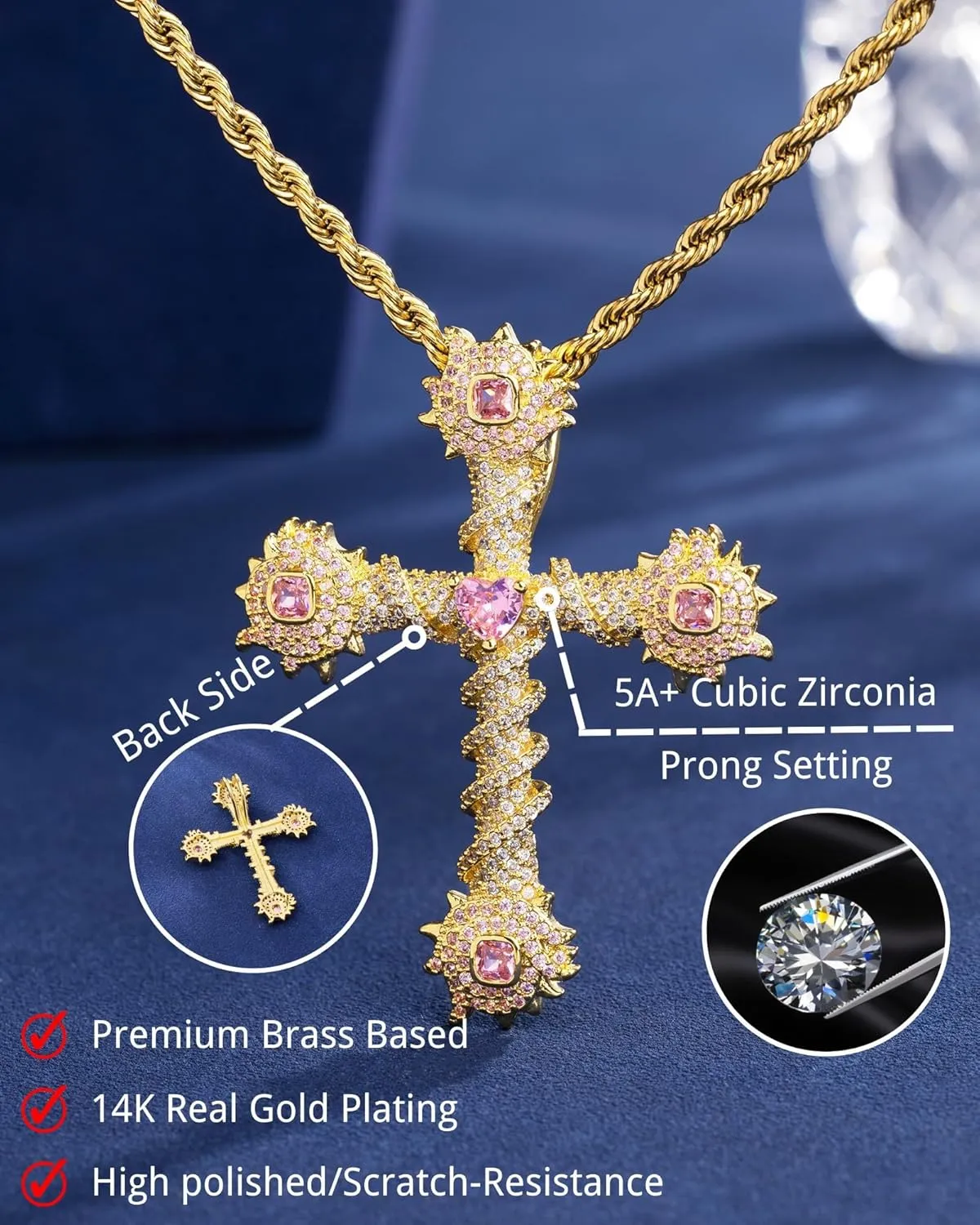 Lulu Mel Iced Out White Gold Plated Cubic Zirconia Stone Cross Necklace With Rope Chain, Trendy Hip Hop Cross Chain Jesus Necklace For Men Women