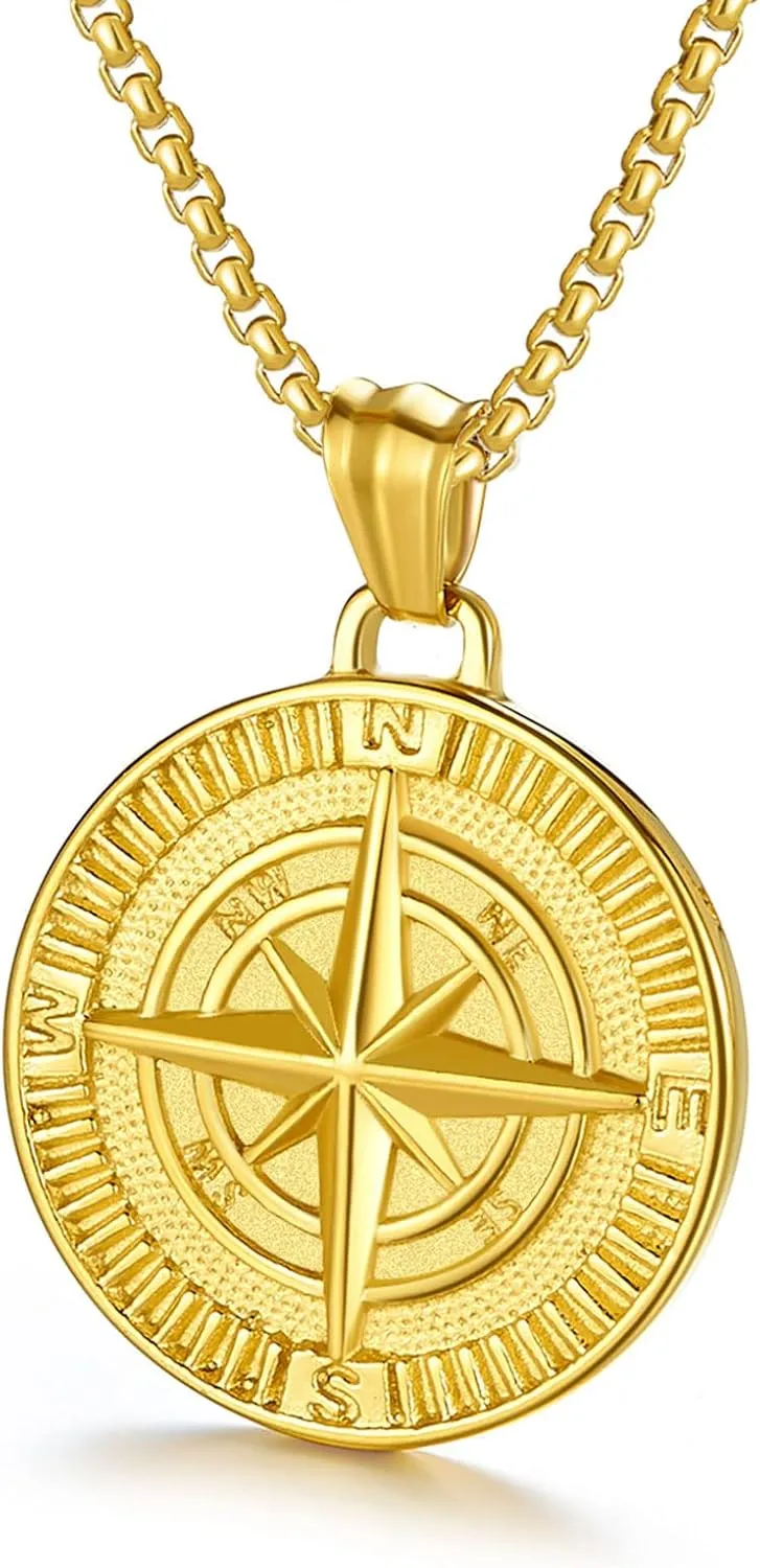 Men's Compass Pendant Necklace Stainless Steel Navigator Forged for Male Jewelry