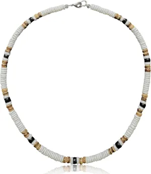 Native Treasure 18" White Puka Shell Necklace for Men Surfer Necklace Choker Beach Puka Choker Seashell Necklaces from the Philippines, White Ark Shells with Black and Brown Coconut Beads