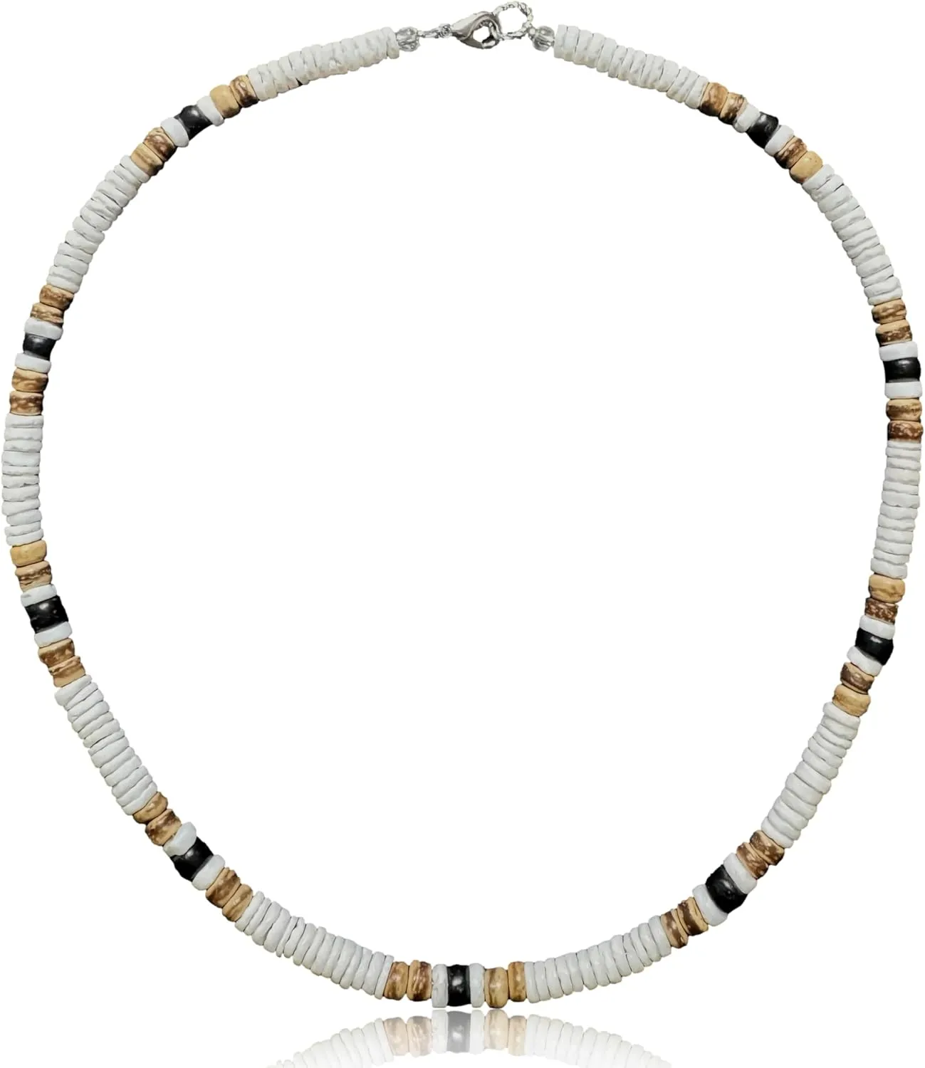 Native Treasure 18" White Puka Shell Necklace for Men Surfer Necklace Choker Beach Puka Choker Seashell Necklaces from the Philippines, White Ark Shells with Black and Brown Coconut Beads