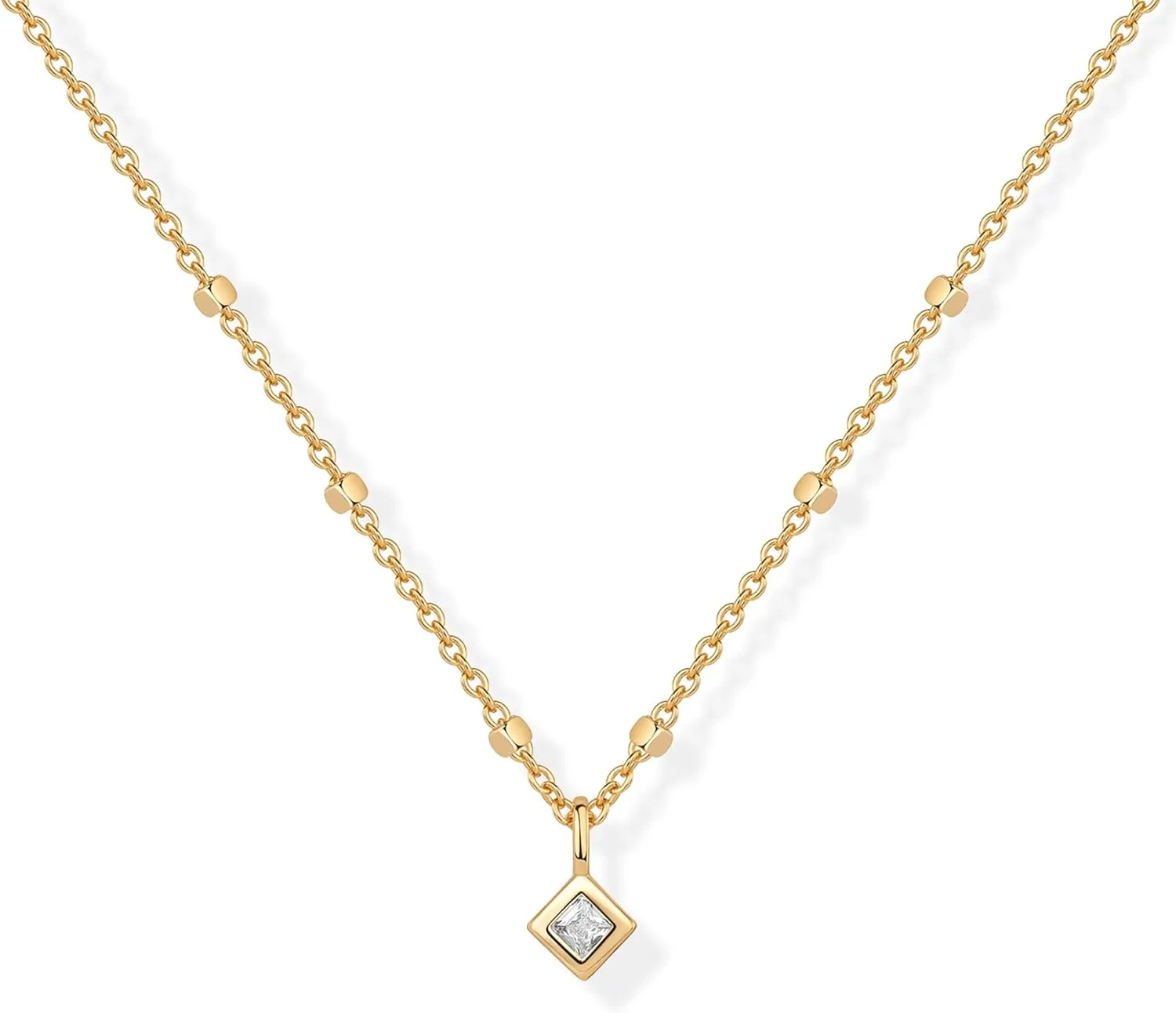 PAVOI 14K Gold Plated Dainty Tube Ball Square Beaded Chain Bezel Set Solitaire Pendant Necklace for Women | Round Princess Marquise Cubic Zirconia Statement Necklace