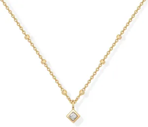 PAVOI 14K Gold Plated Dainty Tube Ball Square Beaded Chain Bezel Set Solitaire Pendant Necklace for Women | Round Princess Marquise Cubic Zirconia Statement Necklace