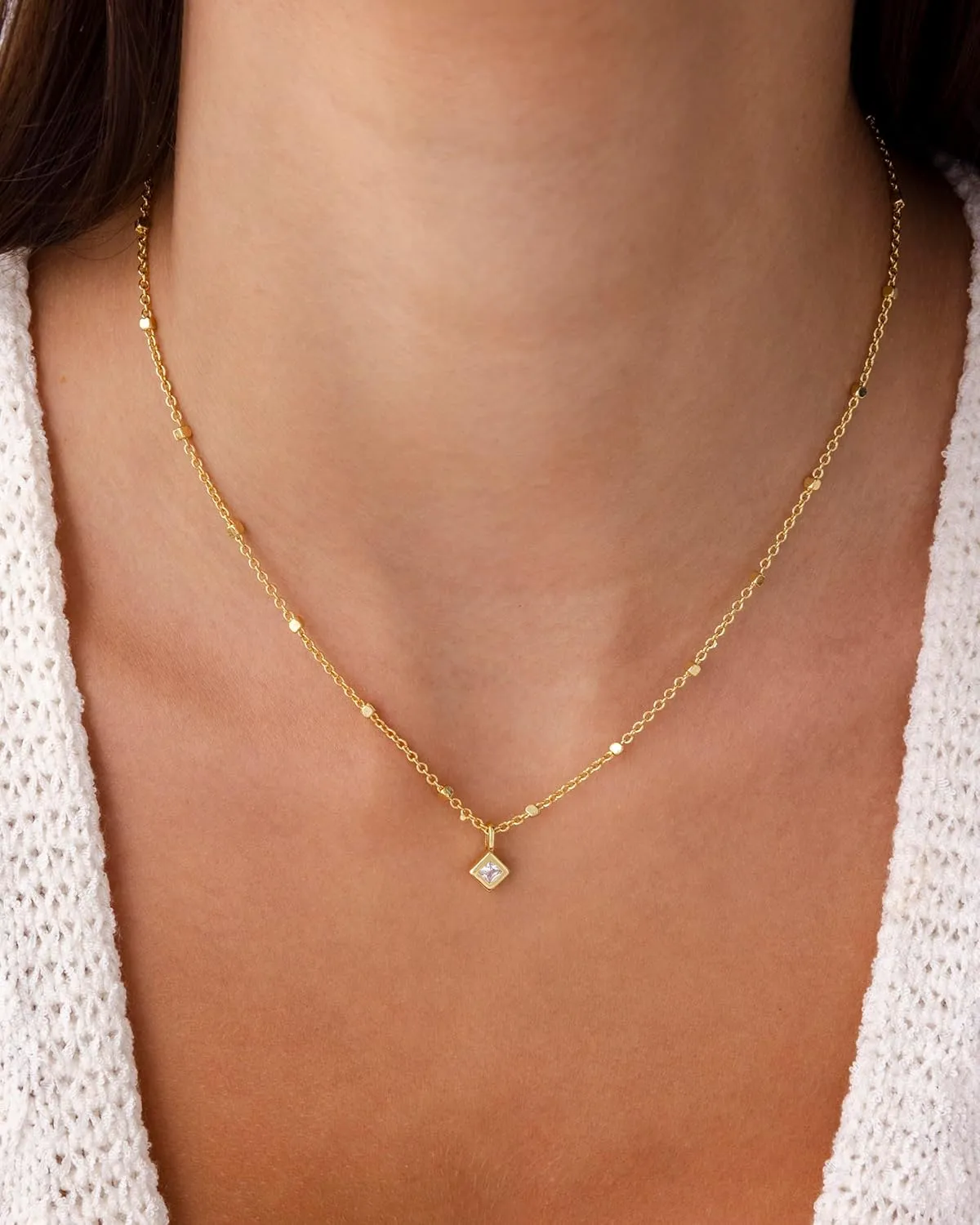 PAVOI 14K Gold Plated Dainty Tube Ball Square Beaded Chain Bezel Set Solitaire Pendant Necklace for Women | Round Princess Marquise Cubic Zirconia Statement Necklace