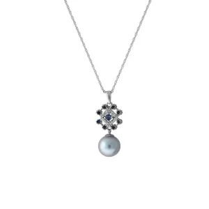 Pearl, Sapphire, and Created White Sapphire Silver Pendant