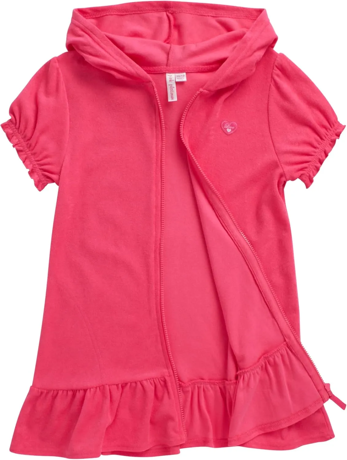 Pink Platinum Girls Swim Cover Up - Full Zip Hooded Ruffled Kids Terry Cloth Bathrobe, Swim Cover Up Dress for Girls (2T-16)