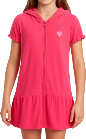 Pink Platinum Girls Swim Cover Up - Full Zip Hooded Ruffled Kids Terry Cloth Bathrobe, Swim Cover Up Dress for Girls (2T-16)