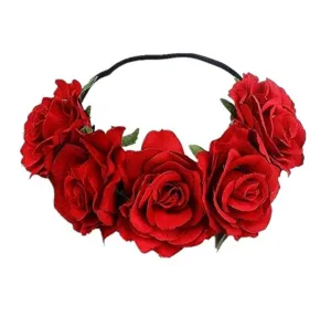 Rose Flower Crown, Floral Headpiece for Women and Girls - Red Artificial Rose Hair Wreath with Headband