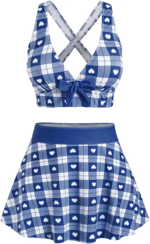 ROSE GAL Rosegal Plus Size Valentines Heart Bowknot Crisscross Padded Three Piece Tankini Swimsuit