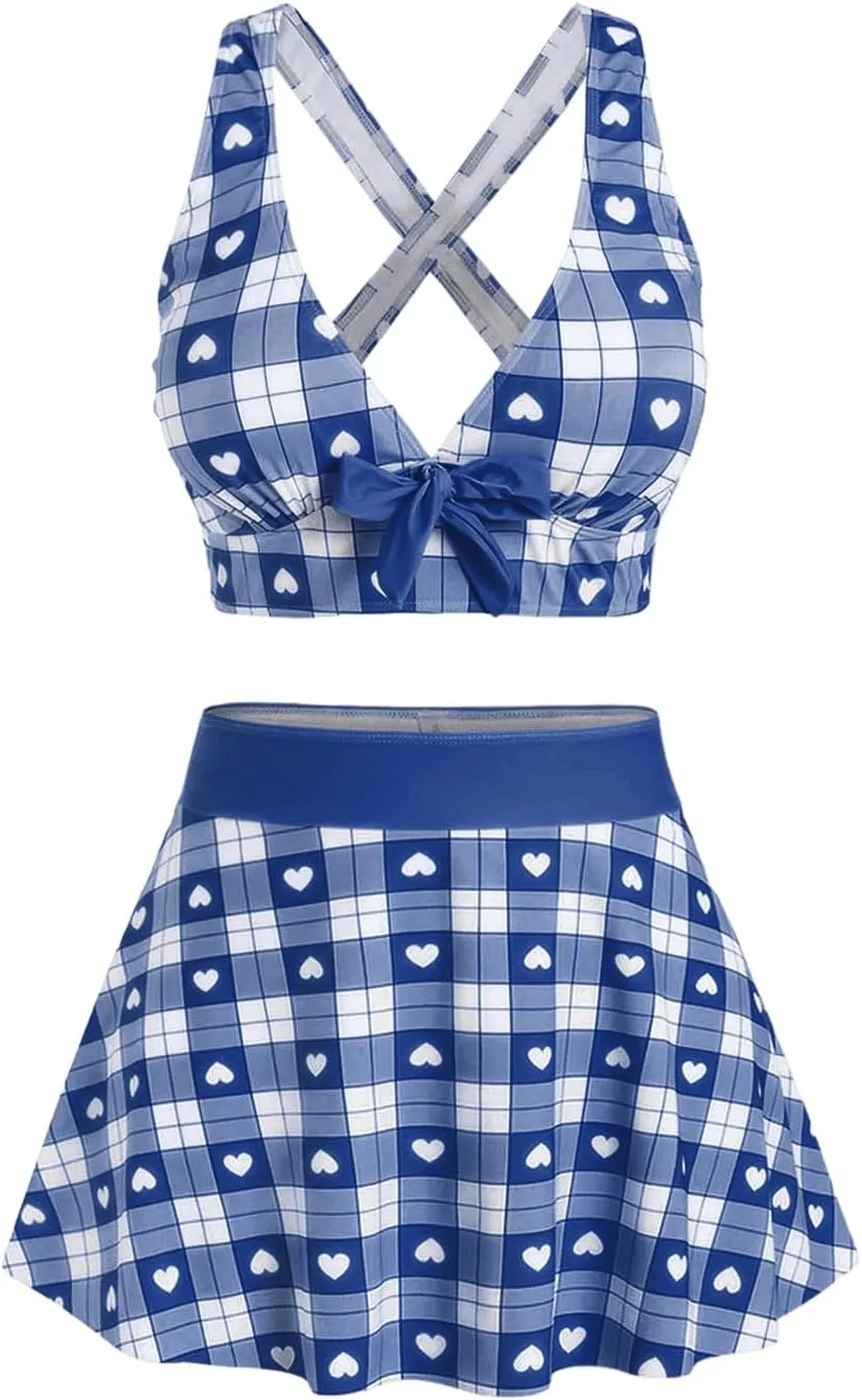 ROSE GAL Rosegal Plus Size Valentines Heart Bowknot Crisscross Padded Three Piece Tankini Swimsuit
