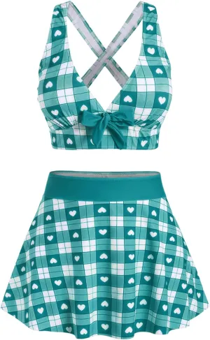 ROSE GAL Rosegal Plus Size Valentines Heart Bowknot Crisscross Padded Three Piece Tankini Swimsuit