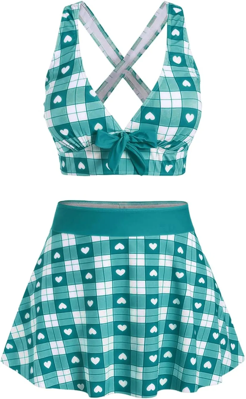 ROSE GAL Rosegal Plus Size Valentines Heart Bowknot Crisscross Padded Three Piece Tankini Swimsuit