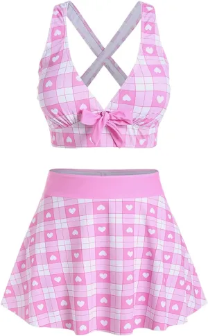ROSE GAL Rosegal Plus Size Valentines Heart Bowknot Crisscross Padded Three Piece Tankini Swimsuit