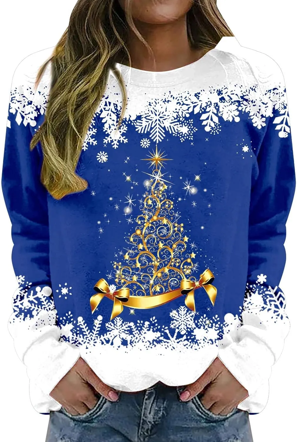 Ugly Christmas Sweater Women Christmas Tree Sweatshirts Long Sleeve Crew Neck Holiday Merry and Br