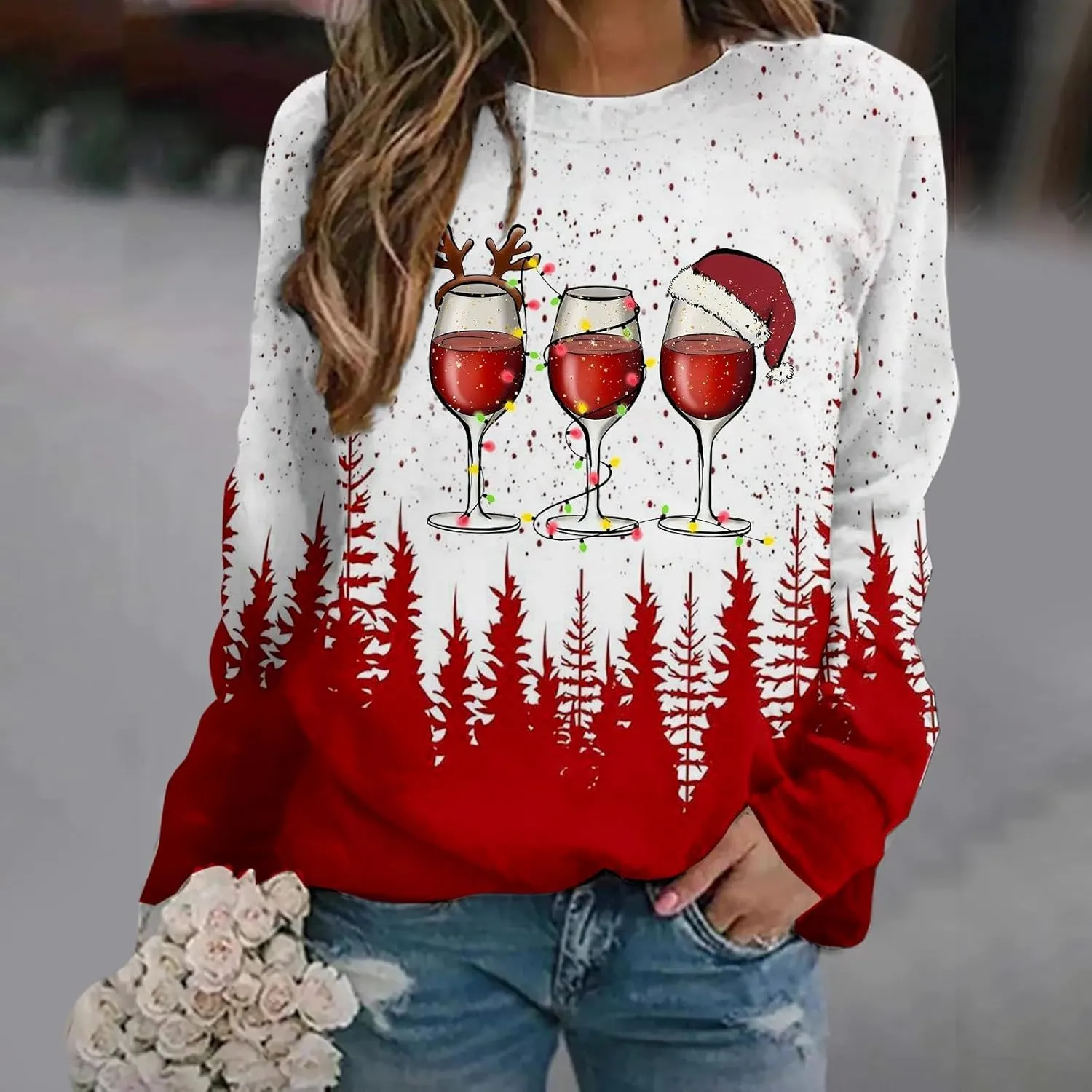 Ugly Christmas Sweater Women Christmas Tree Sweatshirts Long Sleeve Crew Neck Holiday Merry and Br