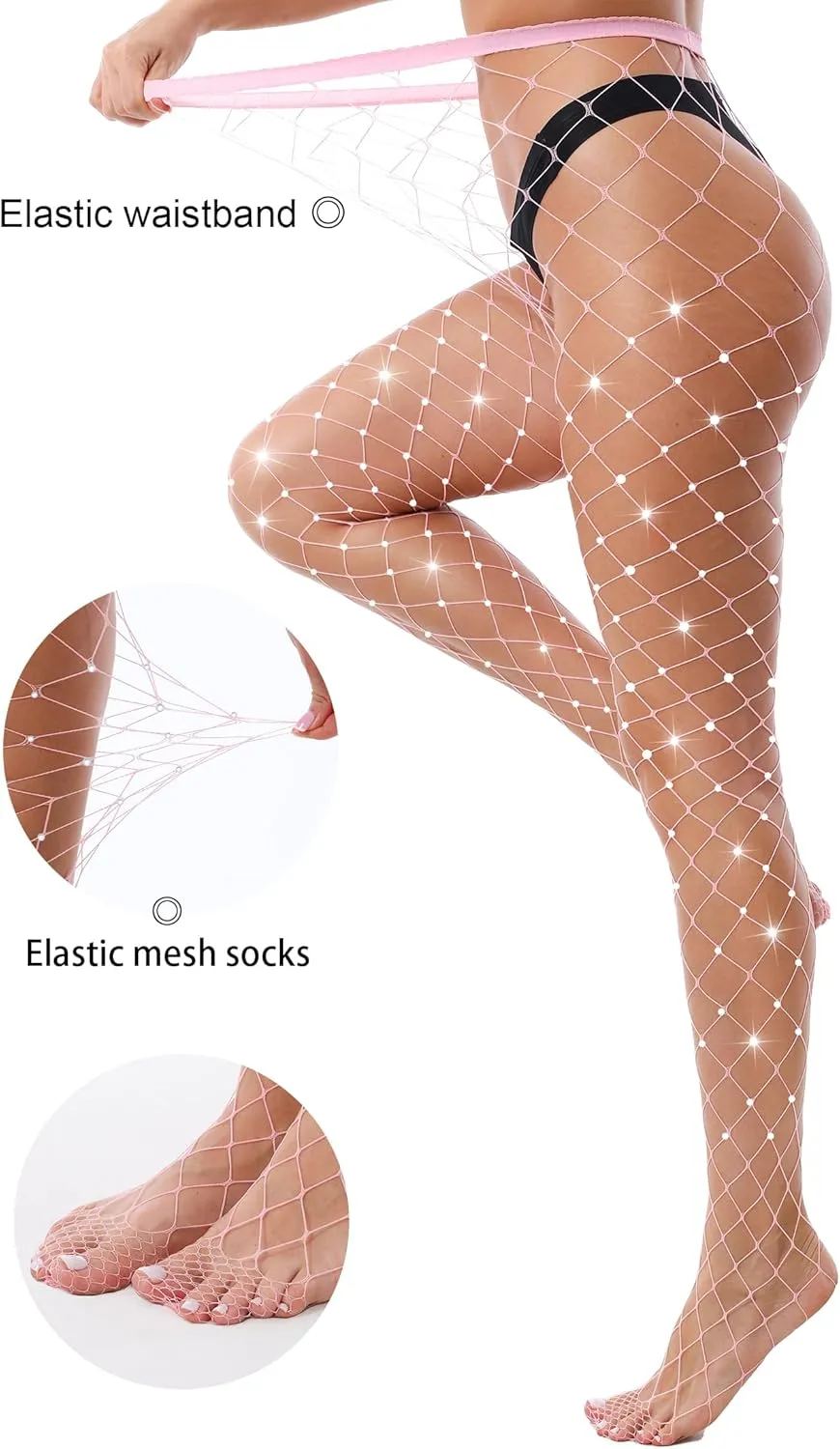 VEBZIN 2 Pack Sparkly Large And Medium Mesh Fishnet Tights For Women Glitter Rhinestone Fishnets Stockings