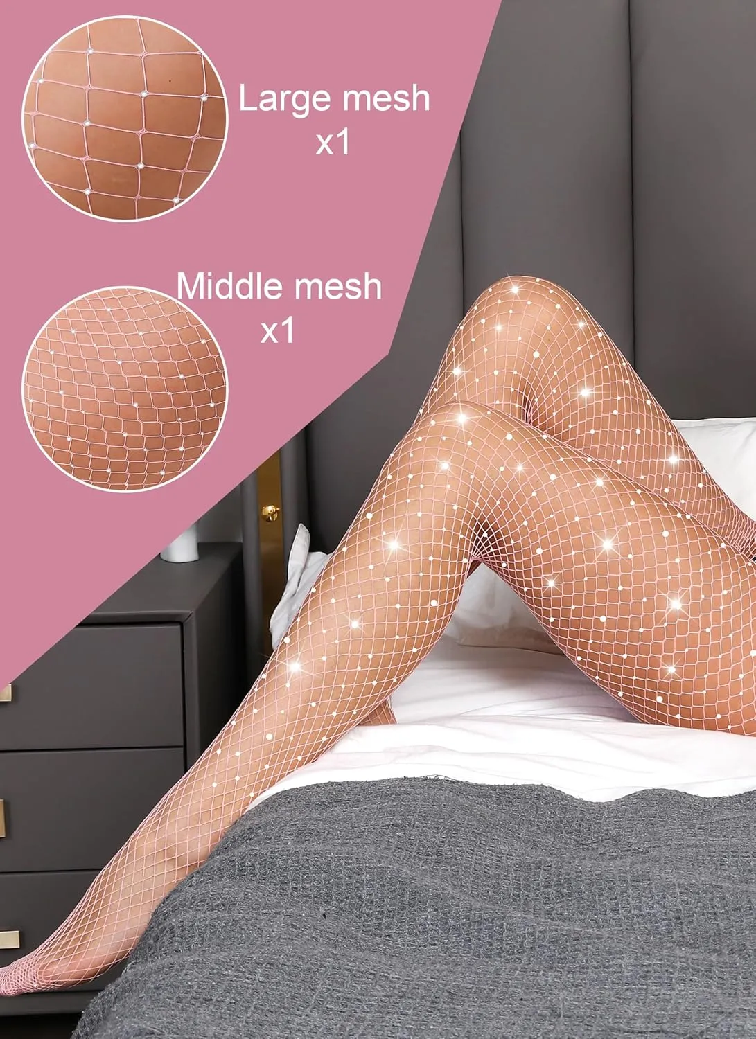 VEBZIN 2 Pack Sparkly Large And Medium Mesh Fishnet Tights For Women Glitter Rhinestone Fishnets Stockings
