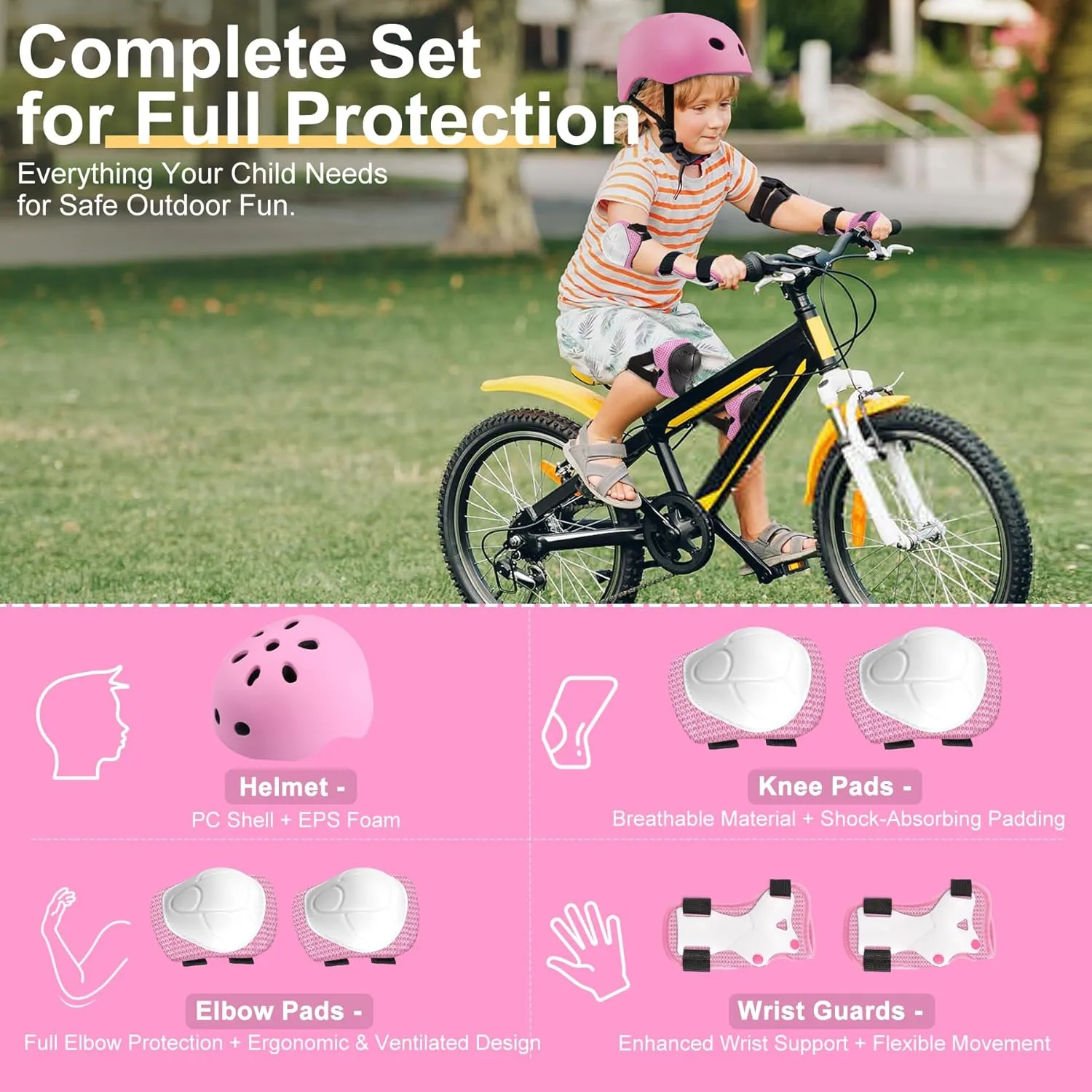 Vvinca Kids Toddlers Bike Helmet Adjustable for Ages 3-5-8 Years, Knee Pads and Elbow Pads Set Wrist Guard Sports Protective Gear Set for Roller Skate Bicycle Skateboard Scooter Girl Boy Birthday Gift