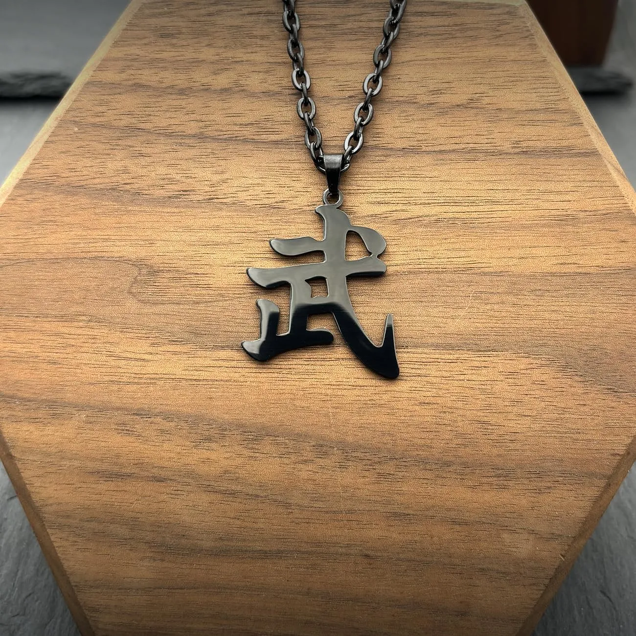 Warrior Samurai Bushido Black Kanji Necklaces for Japanese Stainless Steel Pendant Chain Necklace for Men Women