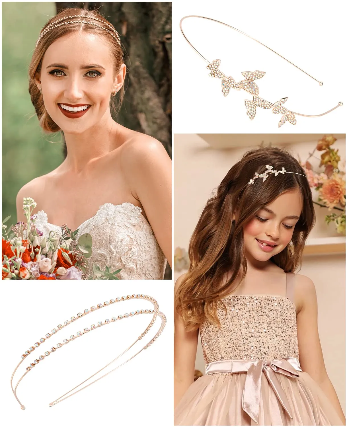 Wecoe 4 Pack AB Rhinestone Headbands Rose Gold Metal Headbands Flower Girl Bridal Wedding Headband Crystal Headpieces Flower Leaf Butterfly Headband Formal Hair Accessories For Women Girls Gifts