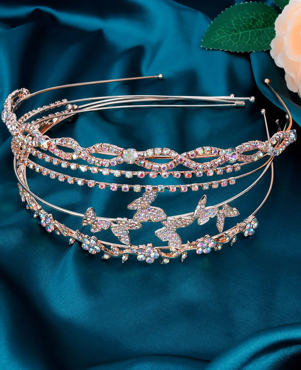 Wecoe 4 Pack AB Rhinestone Headbands Rose Gold Metal Headbands Flower Girl Bridal Wedding Headband Crystal Headpieces Flower Leaf Butterfly Headband Formal Hair Accessories For Women Girls Gifts
