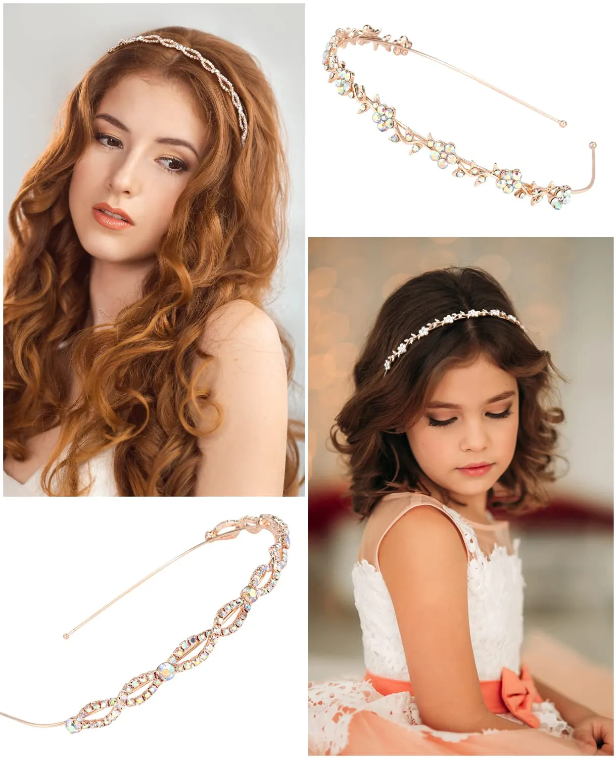 Wecoe 4 Pack AB Rhinestone Headbands Rose Gold Metal Headbands Flower Girl Bridal Wedding Headband Crystal Headpieces Flower Leaf Butterfly Headband Formal Hair Accessories For Women Girls Gifts