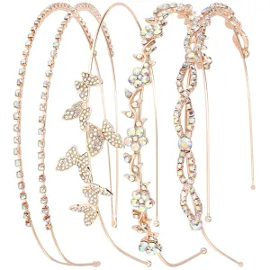 Wecoe 4 Pack AB Rhinestone Headbands Rose Gold Metal Headbands Flower Girl Bridal Wedding Headband Crystal Headpieces Flower Leaf Butterfly Headband Formal Hair Accessories For Women Girls Gifts