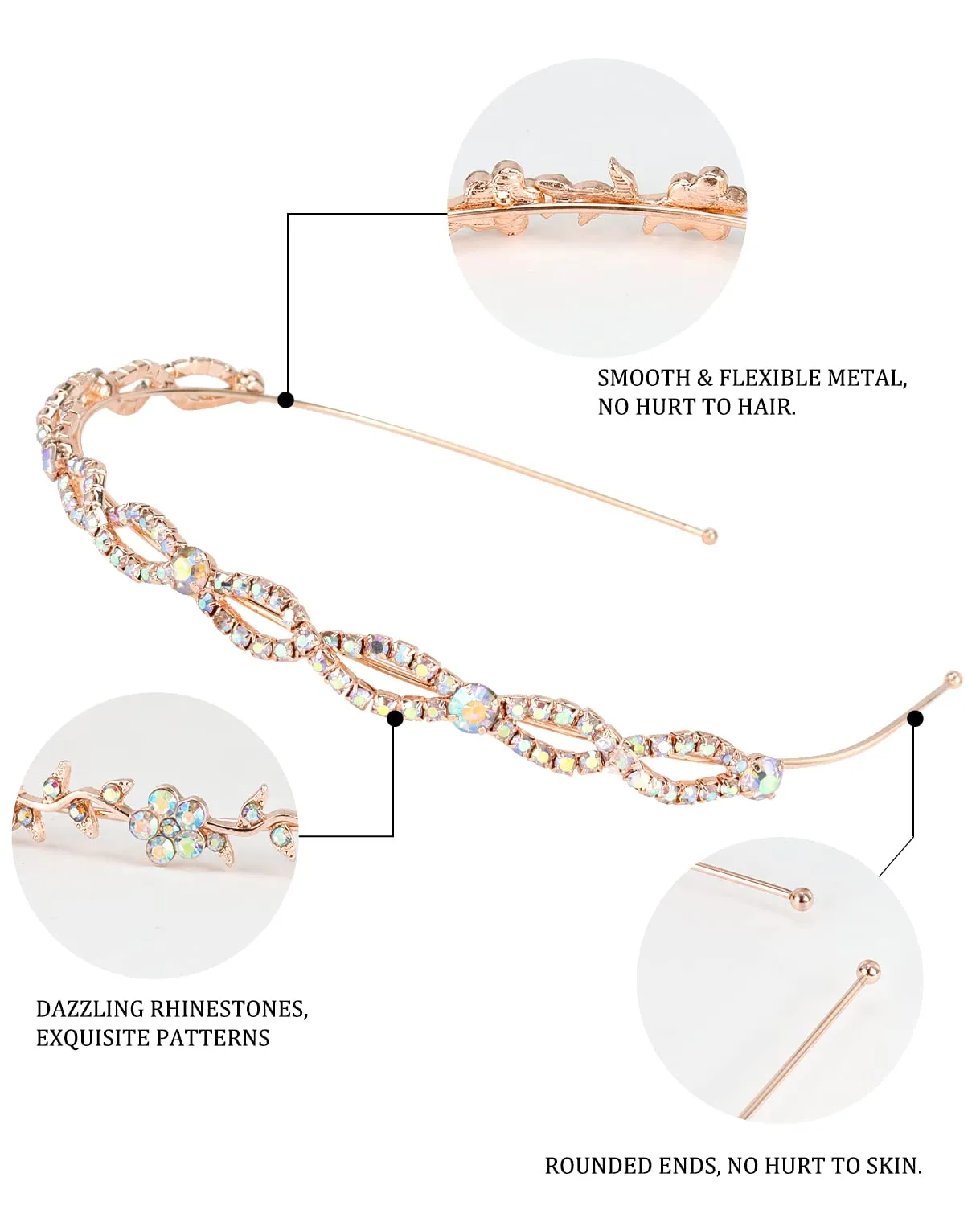 Wecoe 4 Pack AB Rhinestone Headbands Rose Gold Metal Headbands Flower Girl Bridal Wedding Headband Crystal Headpieces Flower Leaf Butterfly Headband Formal Hair Accessories For Women Girls Gifts