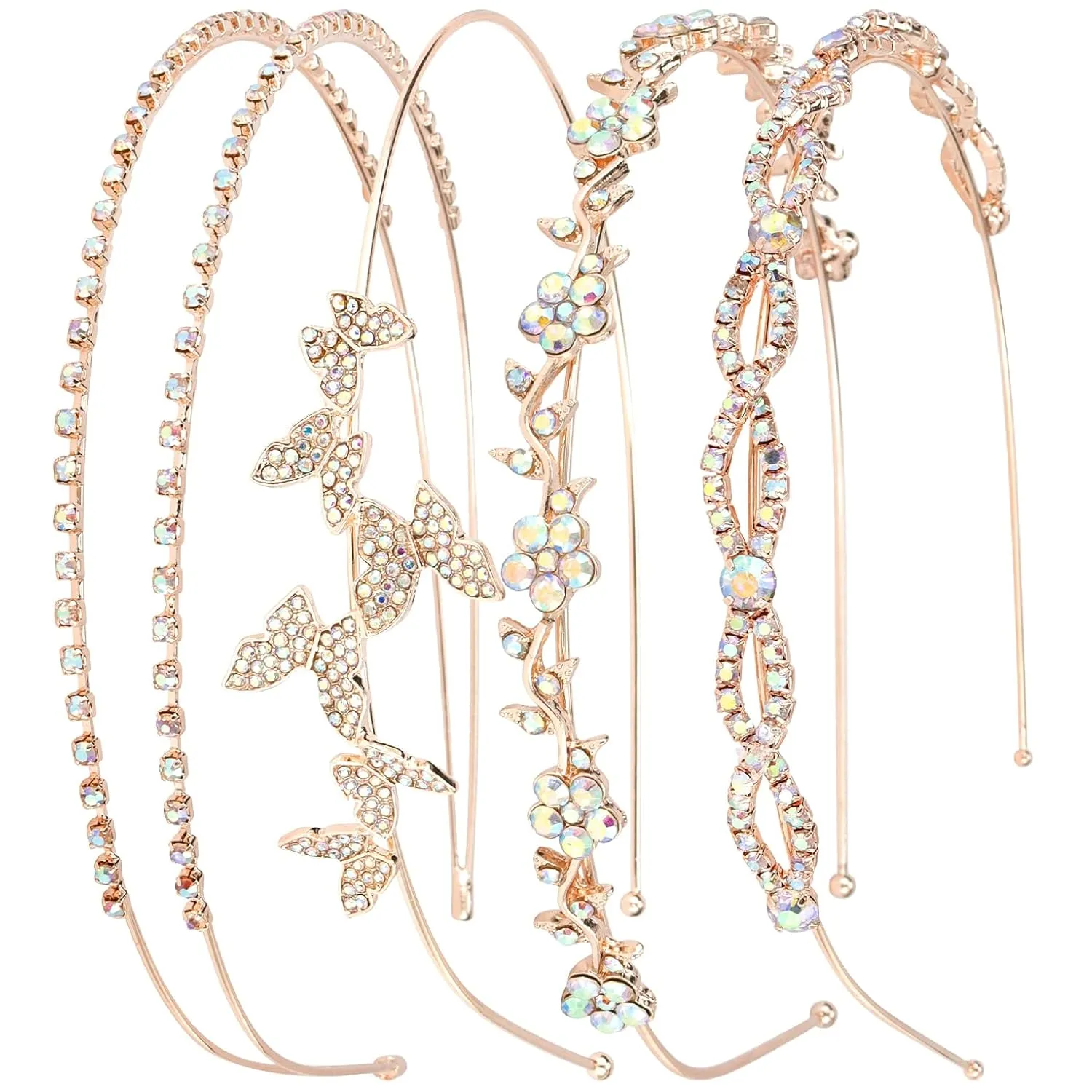 Wecoe 4 Pack AB Rhinestone Headbands Rose Gold Metal Headbands Flower Girl Bridal Wedding Headband Crystal Headpieces Flower Leaf Butterfly Headband Formal Hair Accessories For Women Girls Gifts