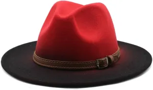Wide Brim Fedora Hat, Two-Tone Orange and Black, Leather Belt Buckle Accent
