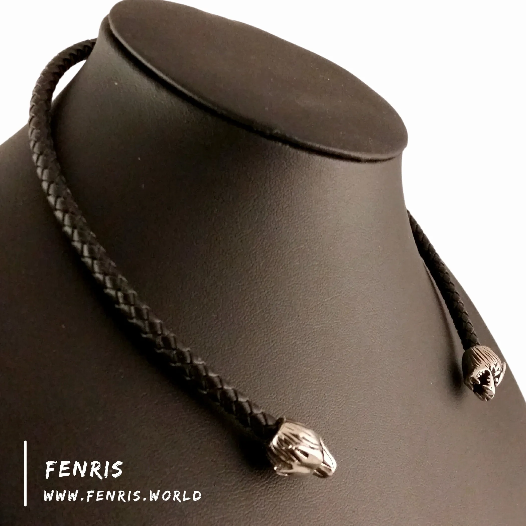 Wolf Torc Necklace Silver Black Leather Celtic Viking Style