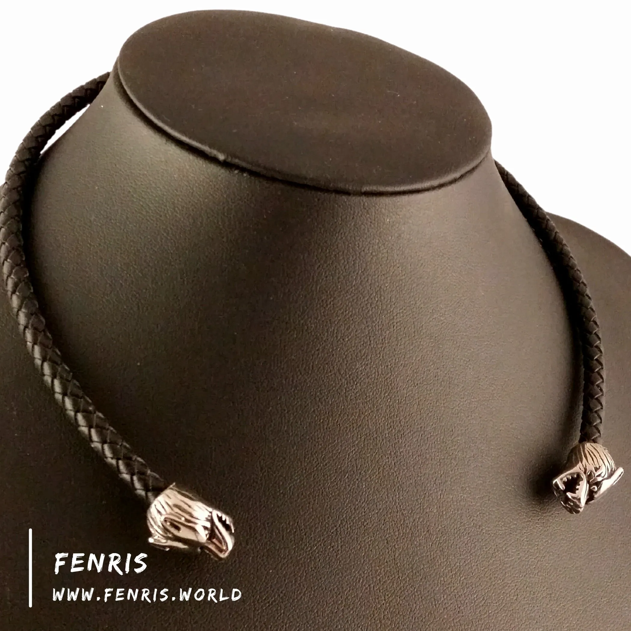 Wolf Torc Necklace Silver Black Leather Celtic Viking Style
