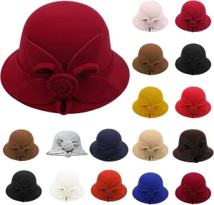 Wool Fedora Hats for Men Women Church Bowler Hat Bowtie Cap Bowler Cap (Navy, One Size)